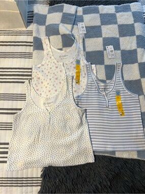 Girls Cotton Tank Tops - White with Blue, Pink Floral & Blue Stripe